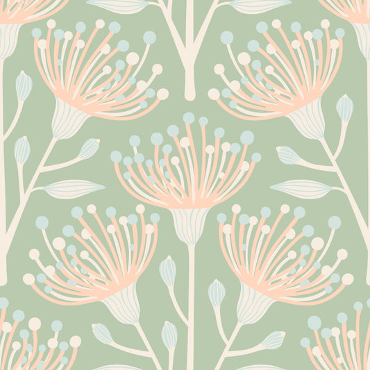 Eucalyptus Floral Botanical Cottage Blush on Sage Green Wallpaper⁠