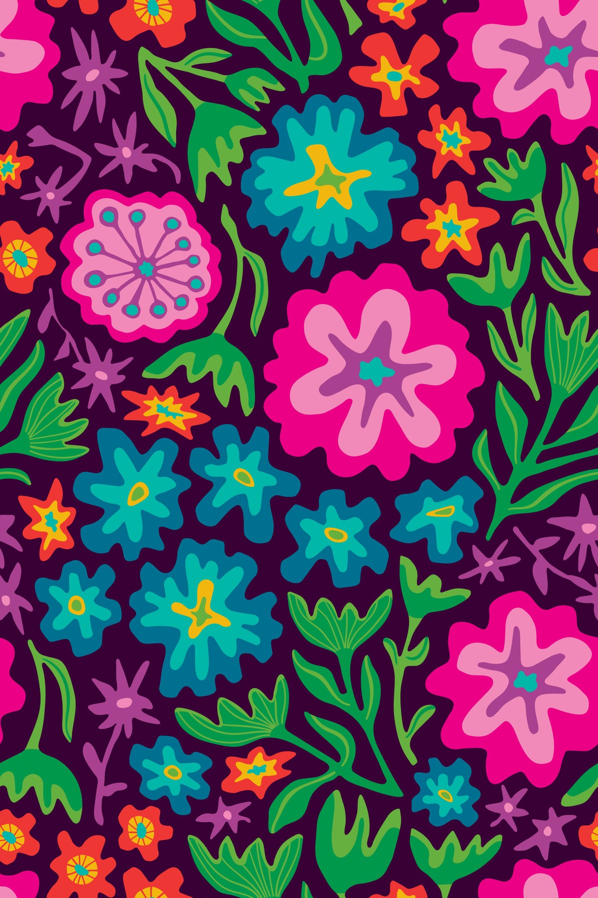 Sayulita Tropical Retro Floral Botanical Rainbow Brights on Deep Purple Wallpaper⁠