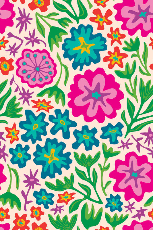 Sayulita Tropical Retro Floral Botanical Rainbow Brights on Cream Wallpaper⁠
