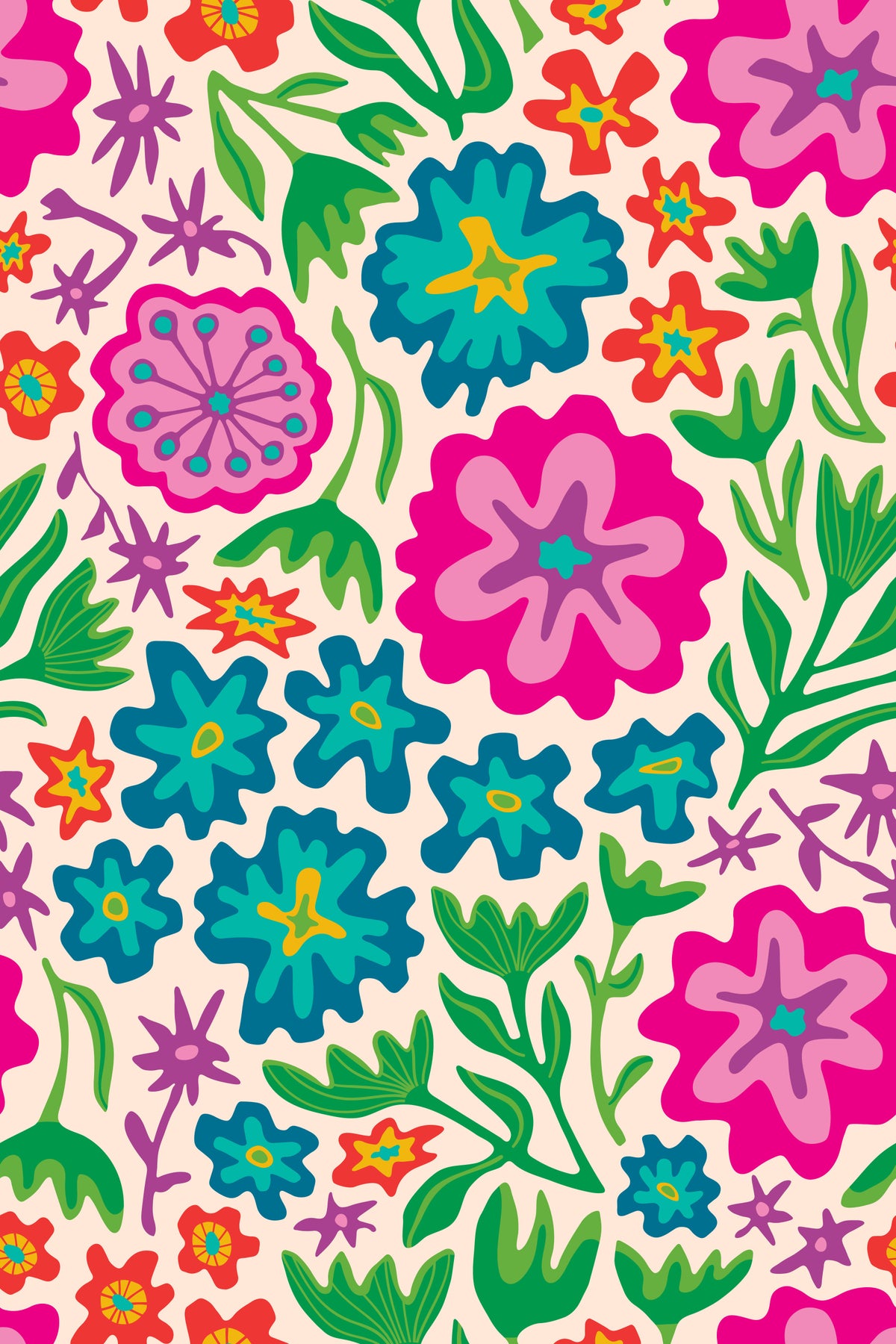 Sayulita Tropical Retro Floral Botanical Rainbow Brights on Cream Wallpaper⁠ in your room — zoomed