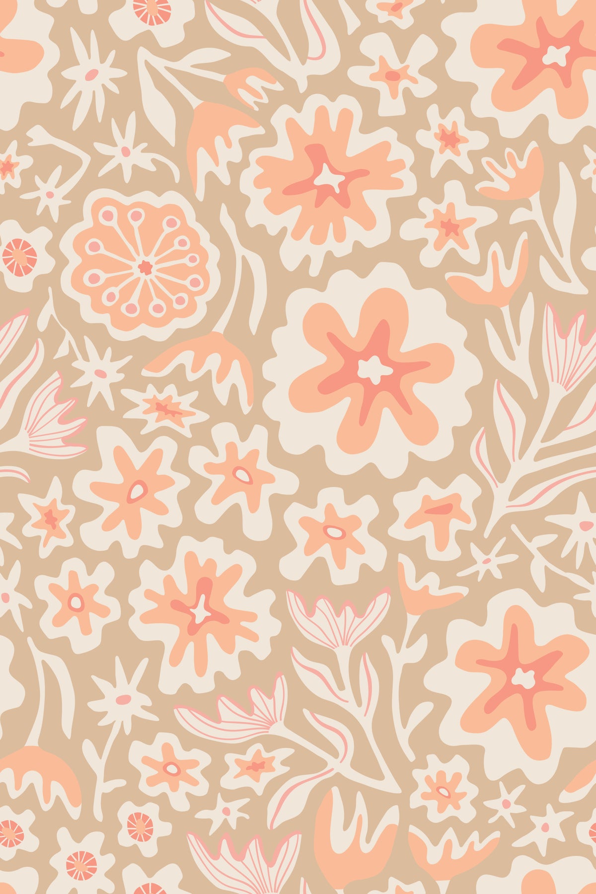 Sayulita Tropical Retro Floral Botanical Peach Fuzz Orange Beige Wallpaper⁠ in your room — zoomed