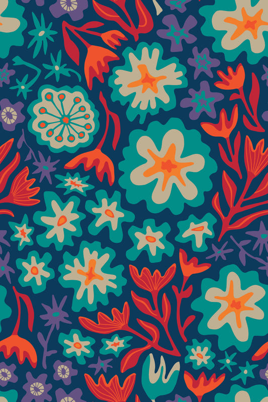 Sayulita Tropical Retro Floral Botanical Bright Aqua Orange Red Purple Dark Blue Wallpaper⁠