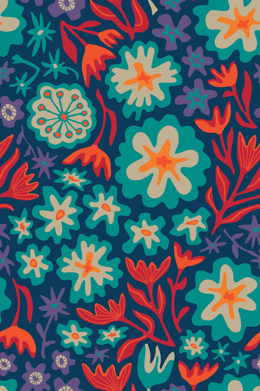 Sayulita Tropical Retro Floral Botanical Bright Aqua Orange Red Purple Dark Blue Wallpaper⁠