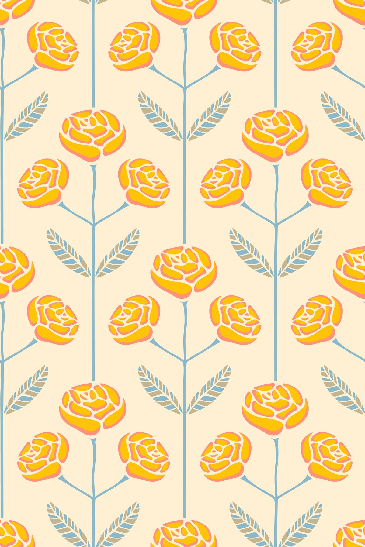 Lola Rose Retro Scandi Mid Century Floral Cottage Yellow Blue Gray Leaves Wallpaper⁠