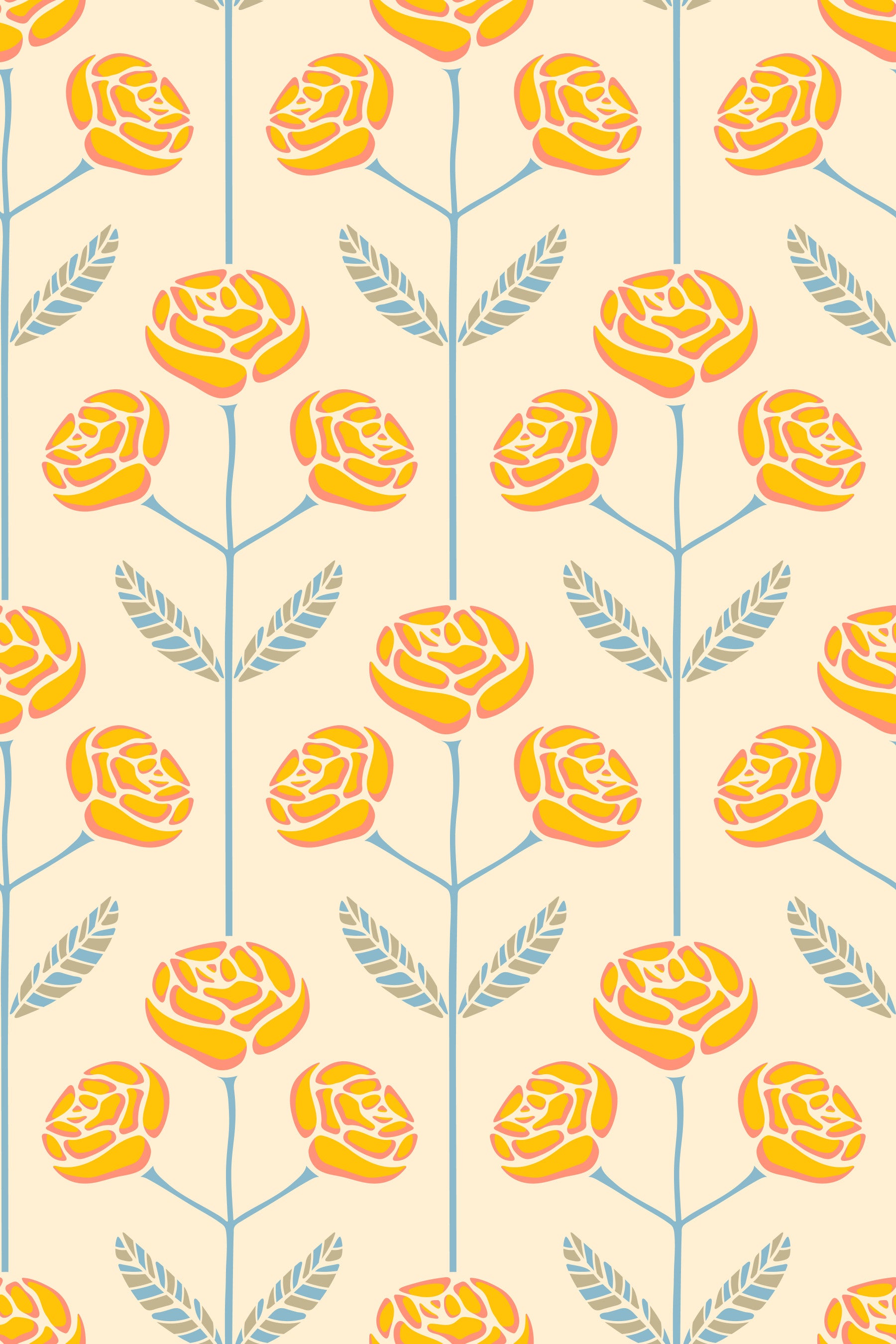 Lola Rose Retro Scandi Mid Century Floral Cottage Yellow Blue Gray Leaves Wallpaper⁠ in your room — zoomed