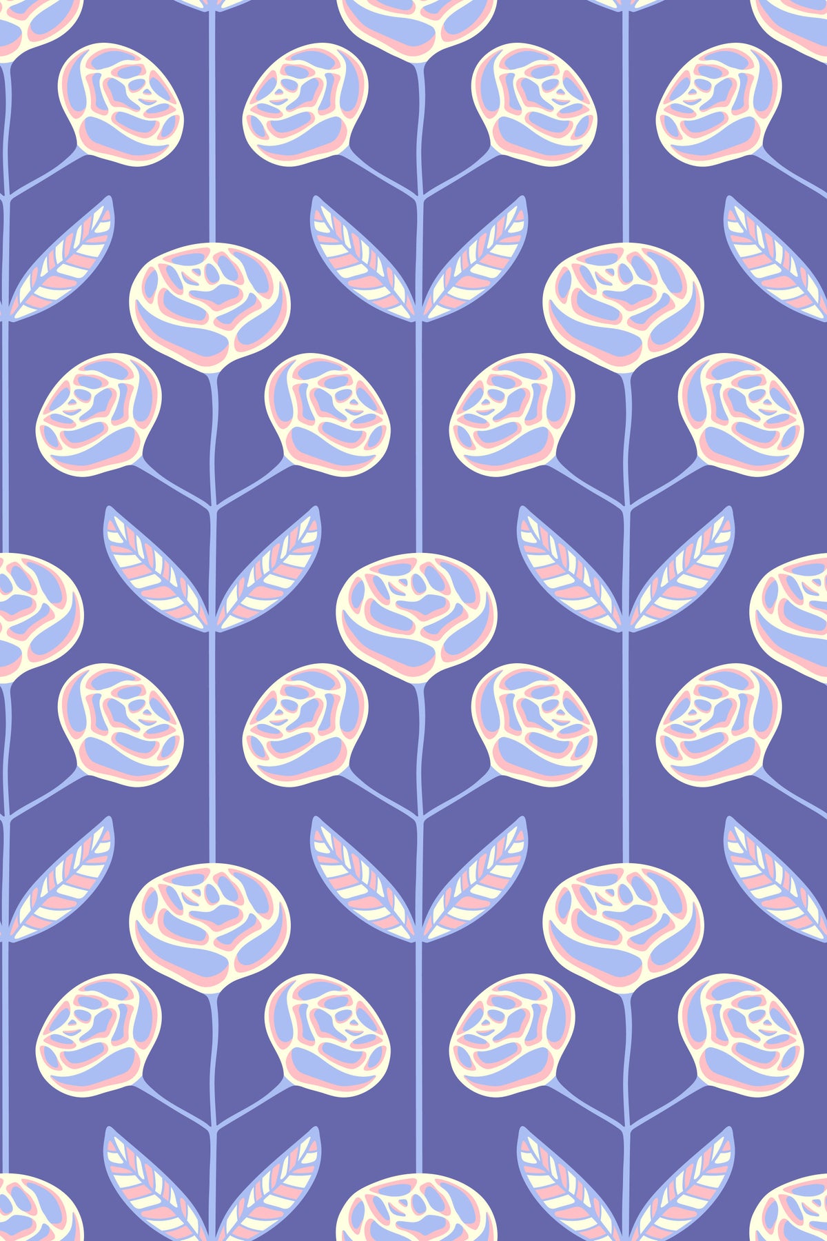 Lola Rose Retro Scandi Mid Century Floral Cottage Very Peri Purple Wallpaper⁠ in your room — zoomed