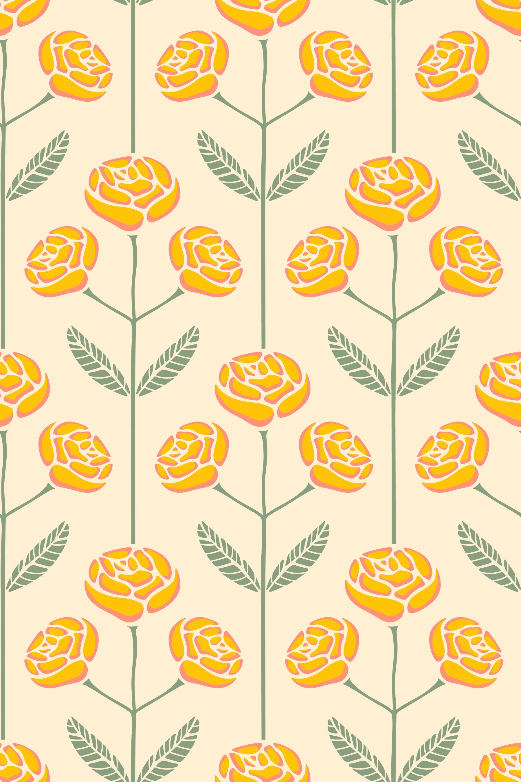 Lola Rose Retro Scandi Mid Century Floral Cottage Yellow Sage Green Leaves Wallpaper⁠