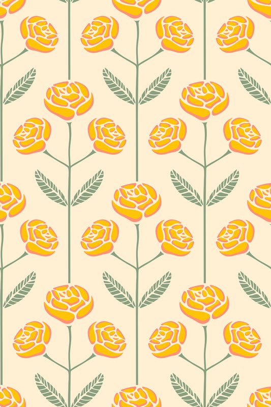 Lola Rose Retro Scandi Mid Century Floral Cottage Yellow Sage Green Leaves Wallpaper⁠
