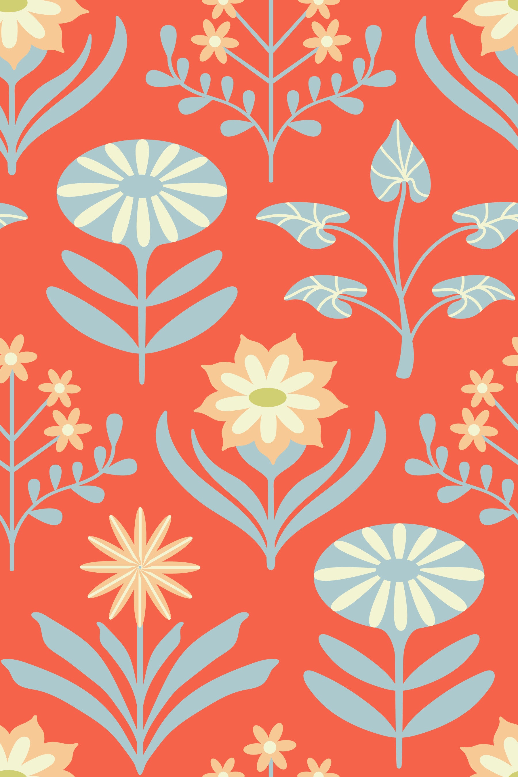 Tami Mid Century Modern Scandi Retro Floral Cottage Blue Cream Coral Orange Wallpaper⁠