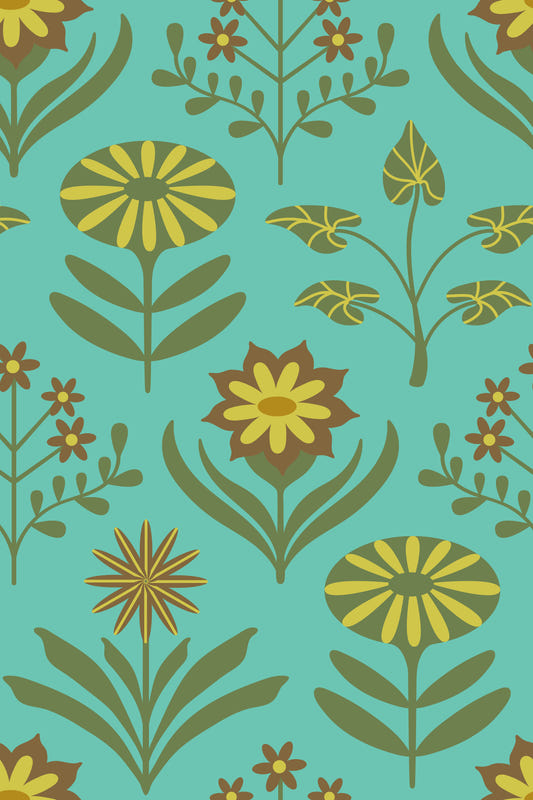 Tami Mid Century Modern Scandi Retro Floral Vintage Olive Green Brown Turquoise  Wallpaper⁠