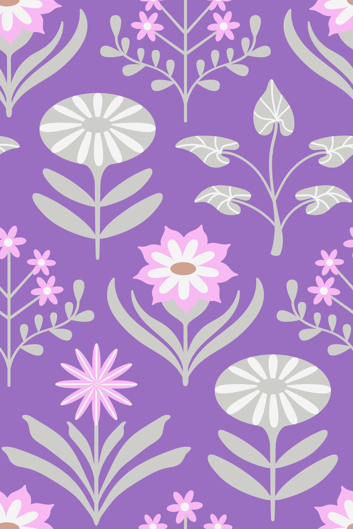 Tami Mid Century Modern Scandi Retro Floral Cottage Pink Gray Purple Wallpaper⁠