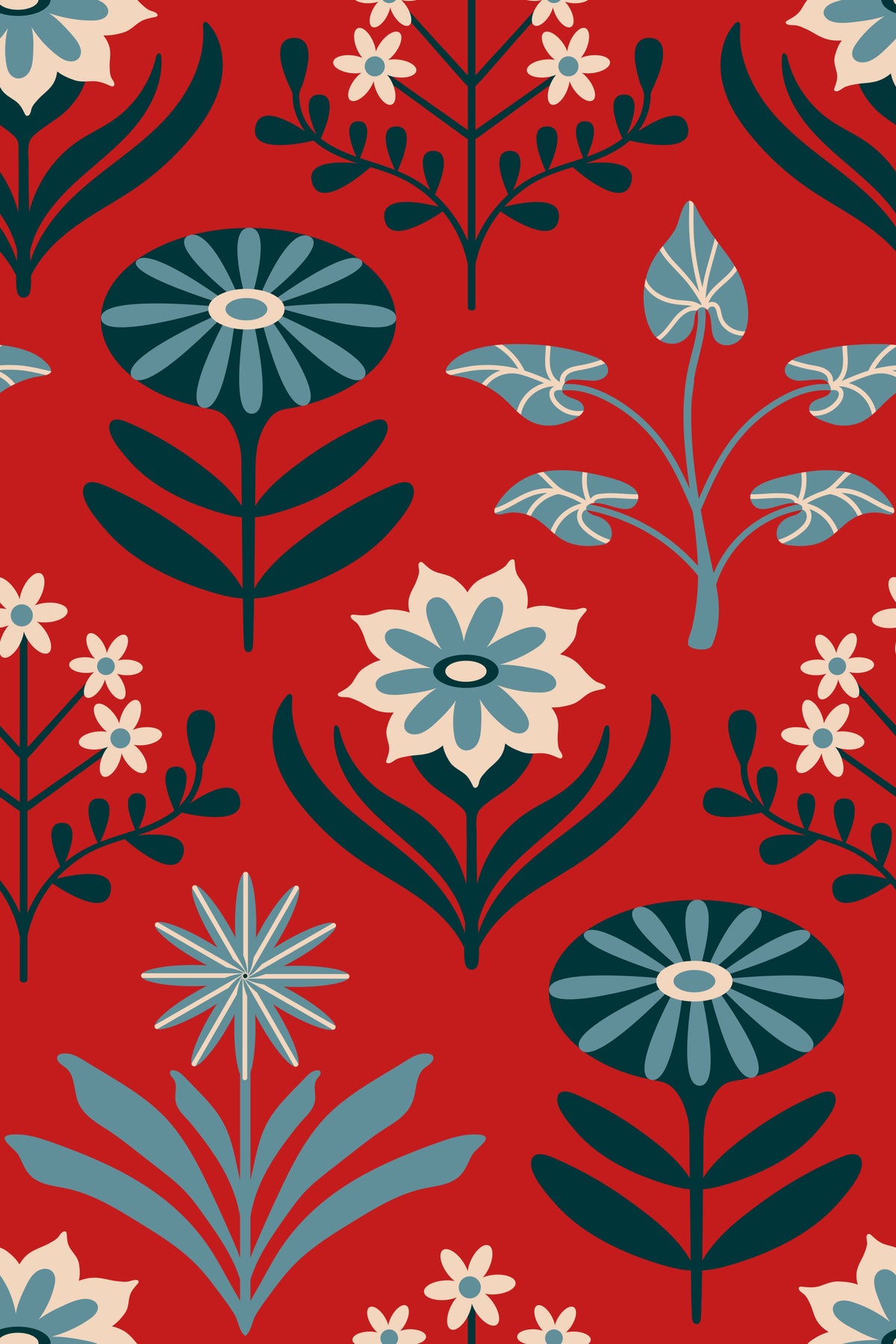 Tami Mid Century Modern Scandi Retro Floral Blue Navy Indigo White Dark Red Wallpaper⁠