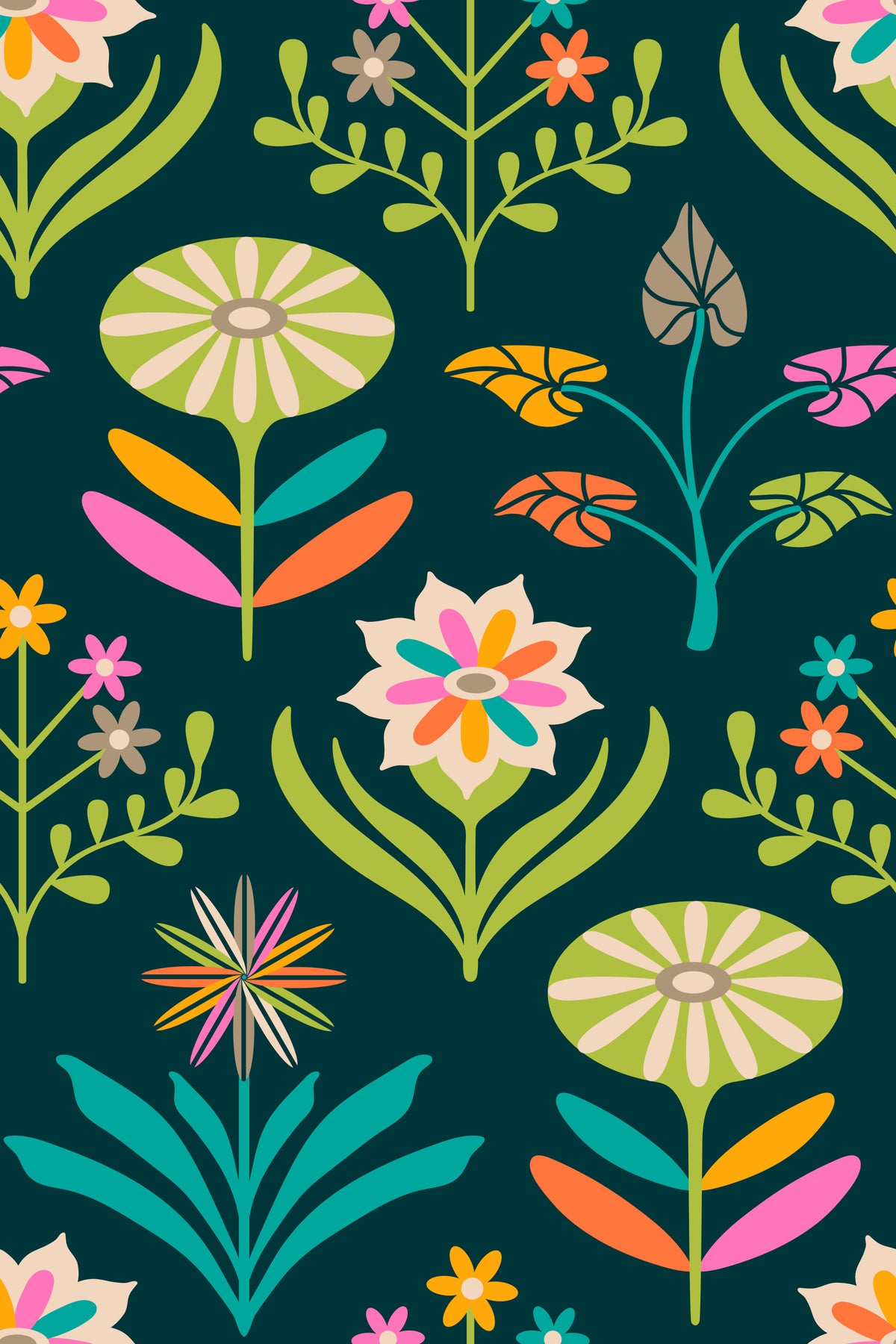 Tami Mid Century Modern Scandi Retro Floral Rainbow Brights Dark Green Wallpaper⁠ in your room — zoomed