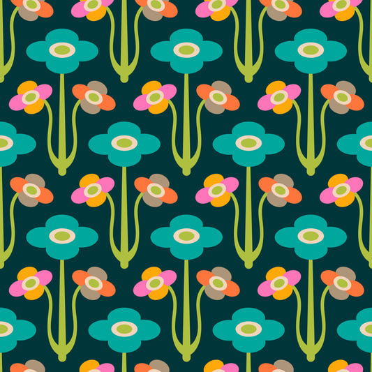 Yvette Mid Century Modern Scandi Retro Floral Rainbow Brights Dark Green  Wallpaper⁠