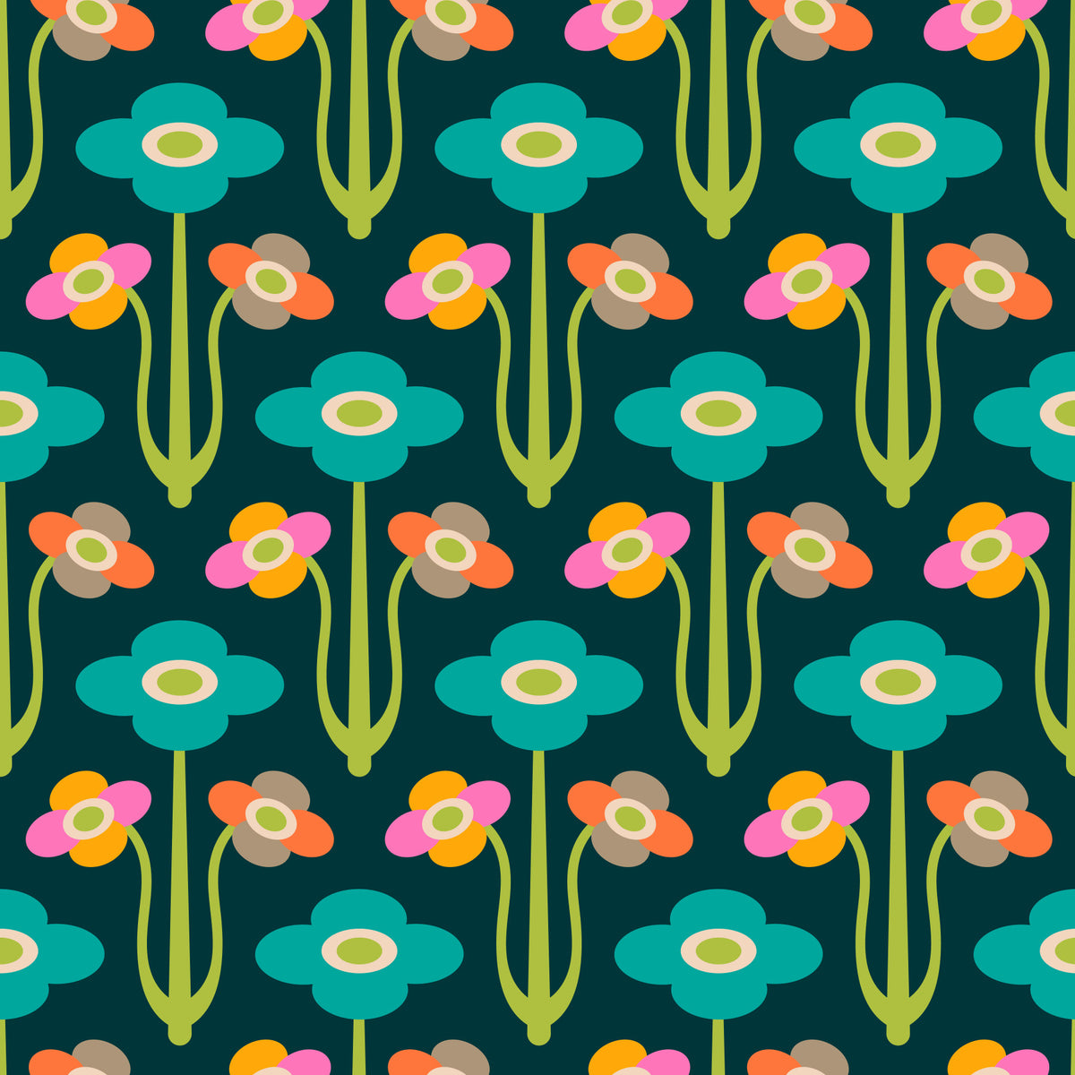 Yvette Mid Century Modern Scandi Retro Floral Rainbow Brights Dark Green  Wallpaper⁠