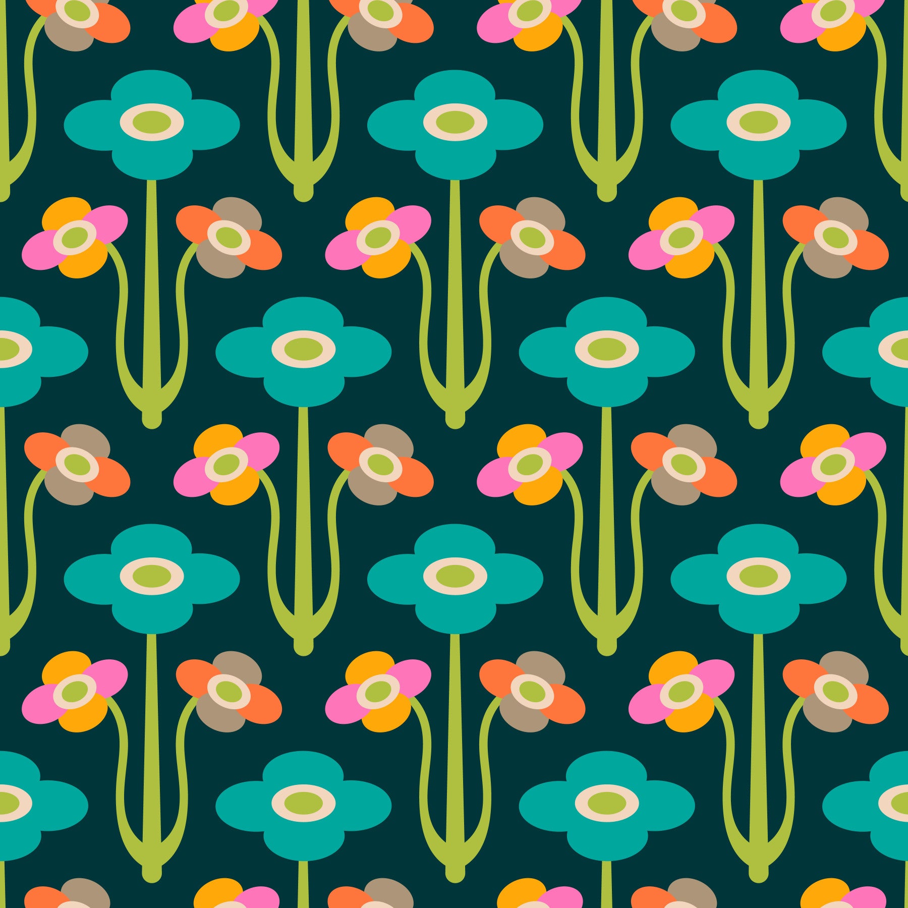Yvette Mid Century Modern Scandi Retro Floral Rainbow Brights Dark Green  Wallpaper⁠