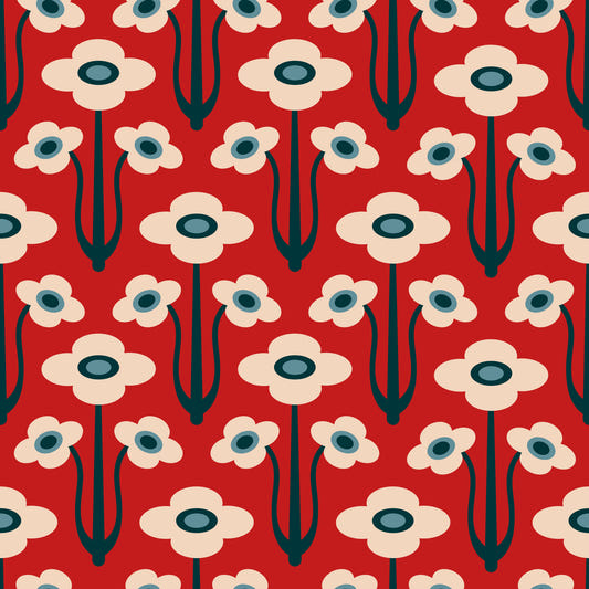 Yvette Mid Century Modern Scandi Retro Floral Blue Navy Indigo White Dark Red  Wallpaper⁠