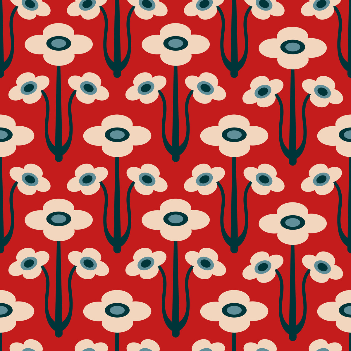 Yvette Mid Century Modern Scandi Retro Floral Blue Navy Indigo White Dark Red  Wallpaper⁠