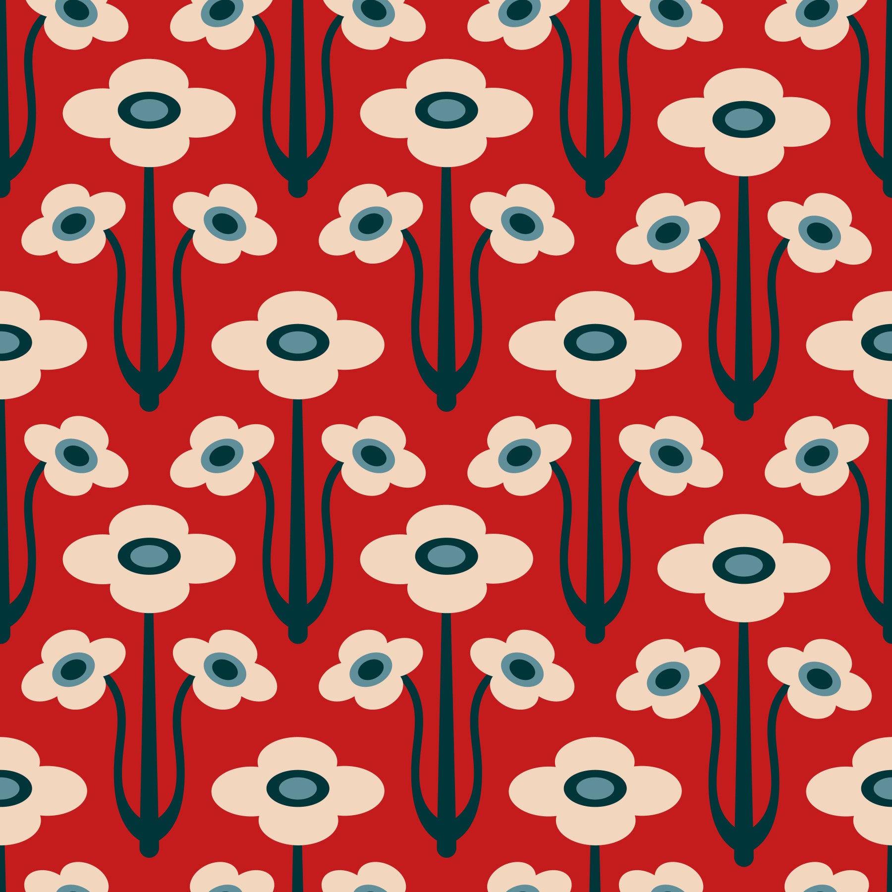 Yvette Mid Century Modern Scandi Retro Floral Blue Navy Indigo White Dark Red  Wallpaper⁠