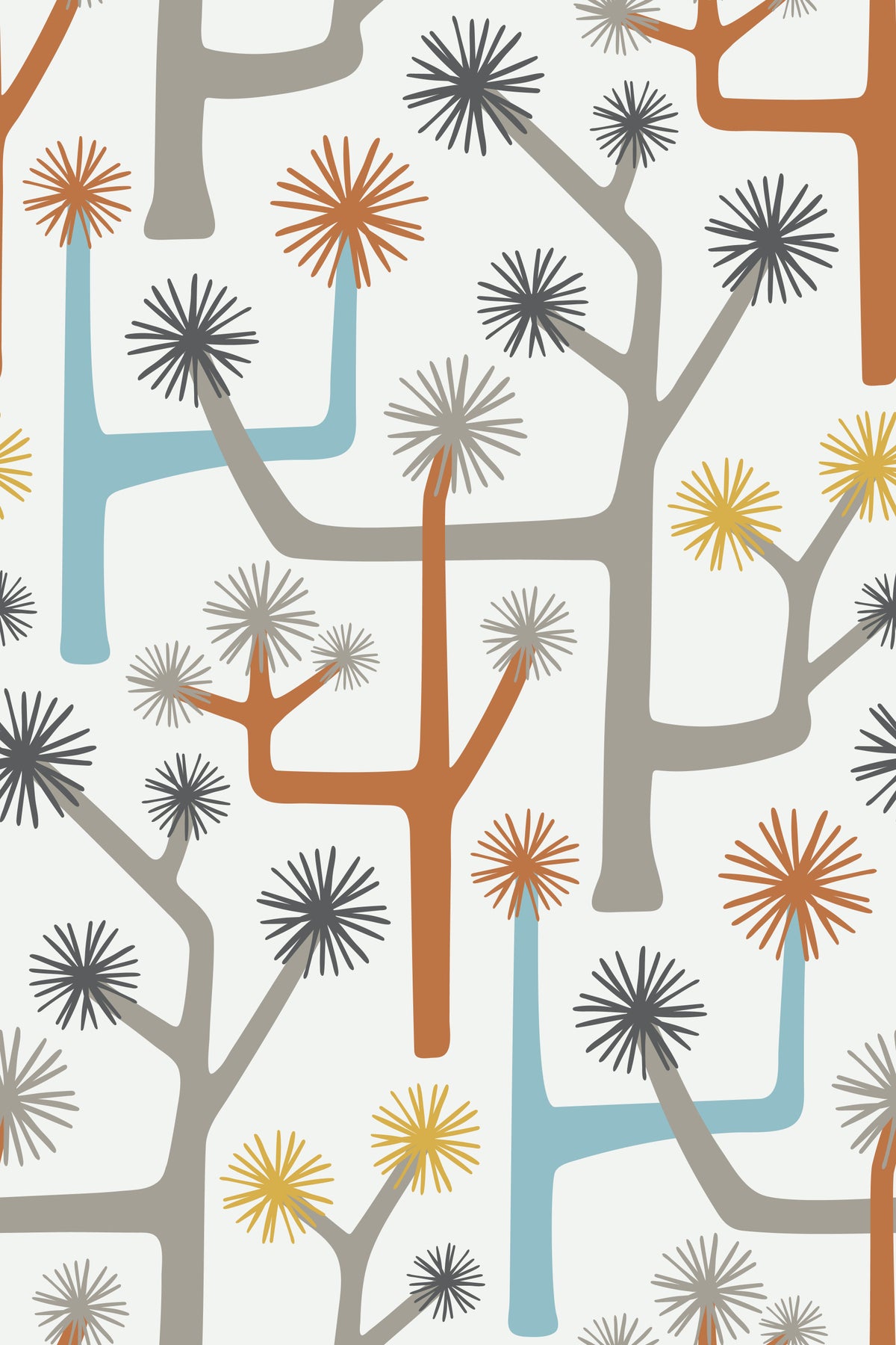 Joshua Tree Retro Mid Century Modern Desert Cactus Paprika Blue Gray Wallpaper⁠