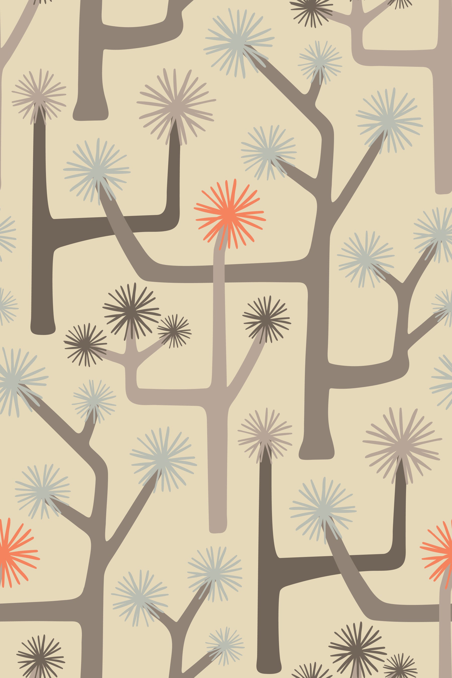 Joshua Tree Retro Mid Century Modern Desert Cactus Warm Neutrals and Orange Wallpaper⁠