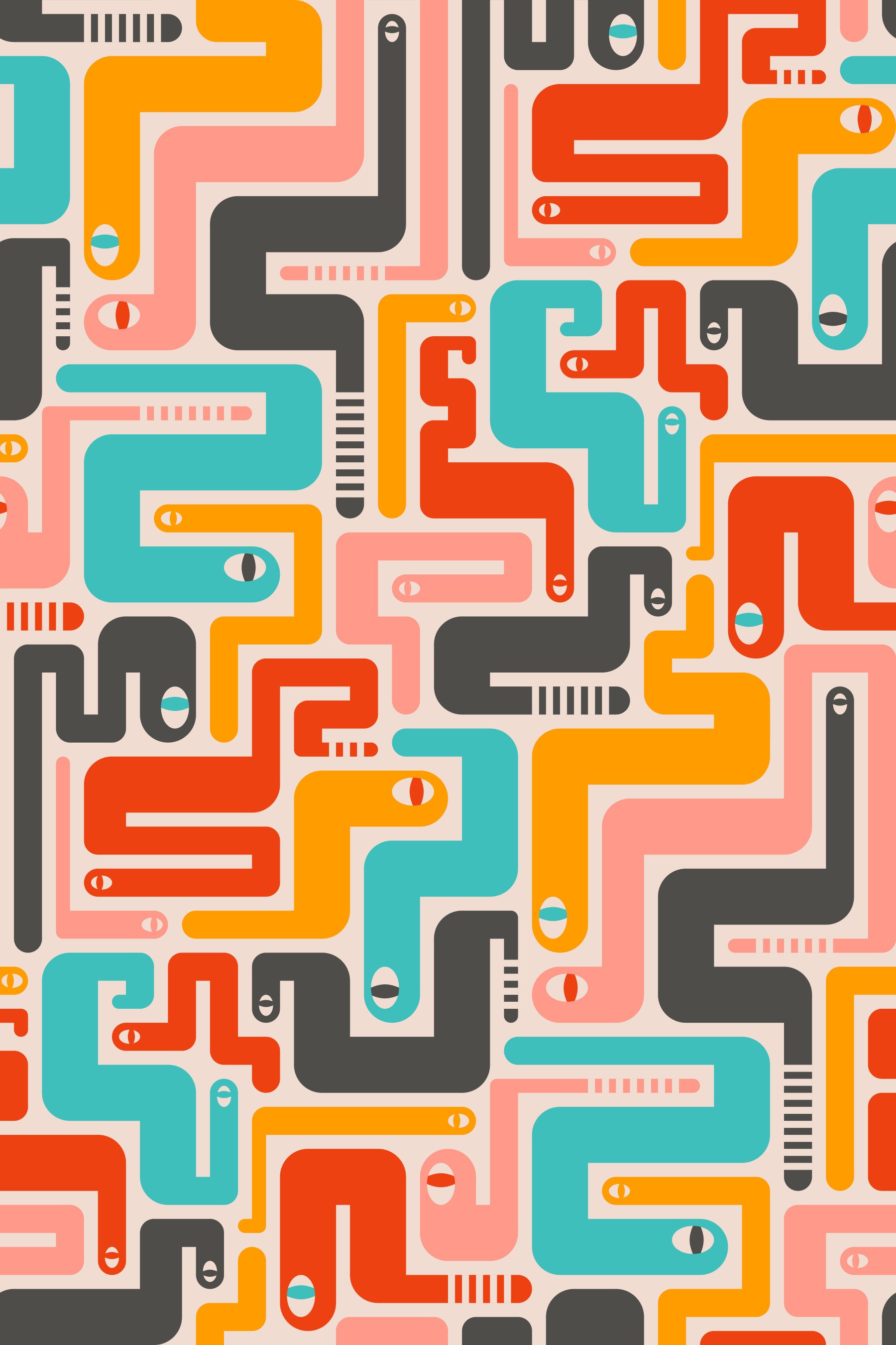 Retro Rattlers Desert Snakes Mid Century Modern Geometric Gray Yellow Pink Red Turquoise Wallpaper⁠