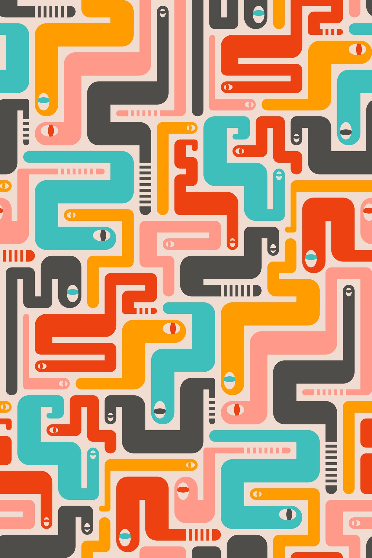 Retro Rattlers Desert Snakes Mid Century Modern Geometric Gray Yellow Pink Red Turquoise Wallpaper⁠ in your room — zoomed