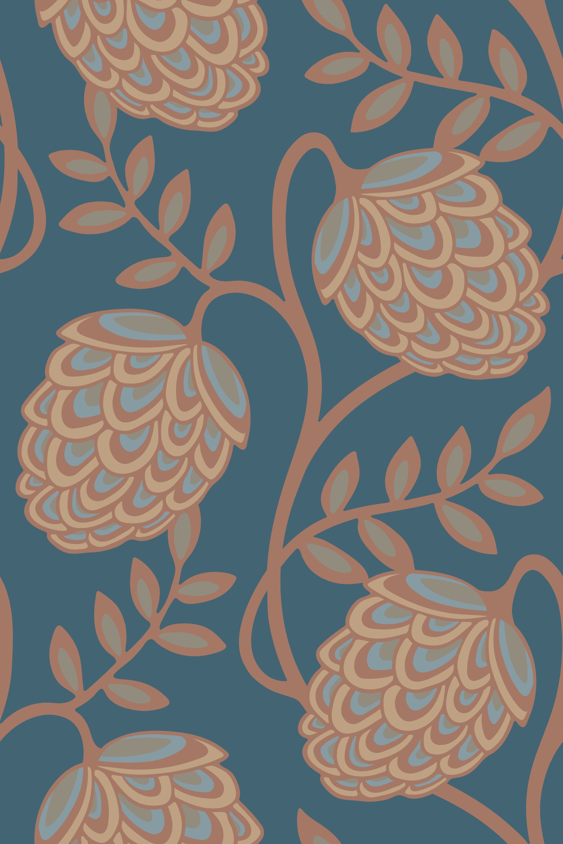 Fantasia Floral Botanical Modern Art Nouveau Mocha Mousse Brown Beige Blue Wallpaper⁠
