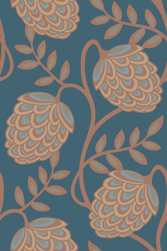 Fantasia Floral Botanical Modern Art Nouveau Mocha Mousse Brown Beige Blue Wallpaper⁠