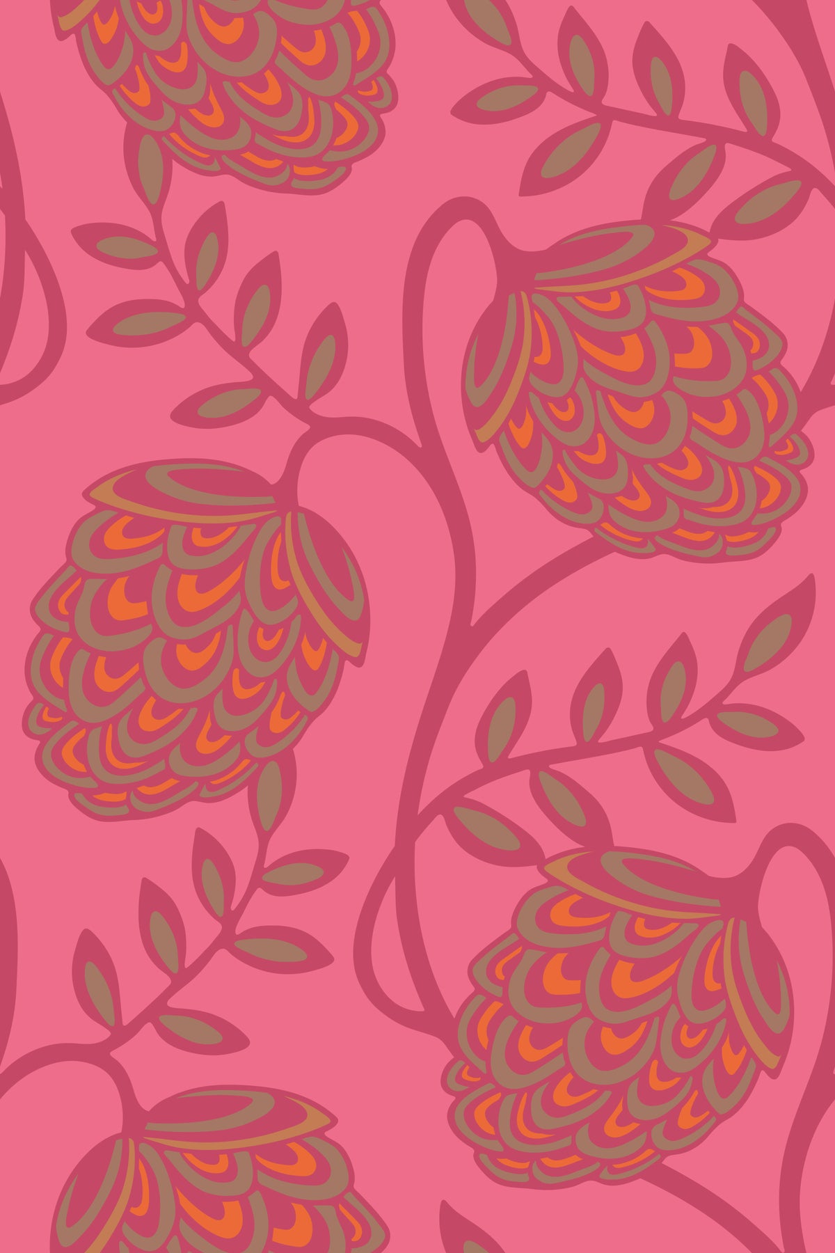 Fantasia Floral Botanical Modern Art Nouveau Magenta Orange Pink Wallpaper⁠ in your room — zoomed