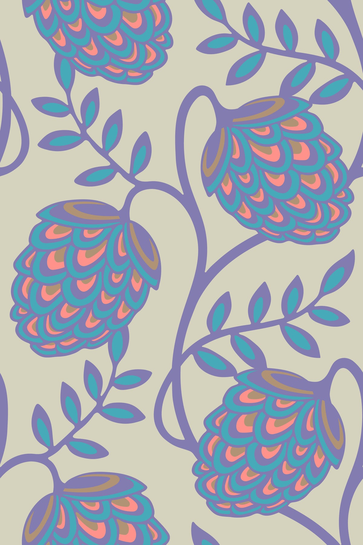 Fantasia Floral Botanical Modern Art Nouveau Pastel Lavender Purple Pink Blue Cream Wallpaper⁠ in your room — zoomed