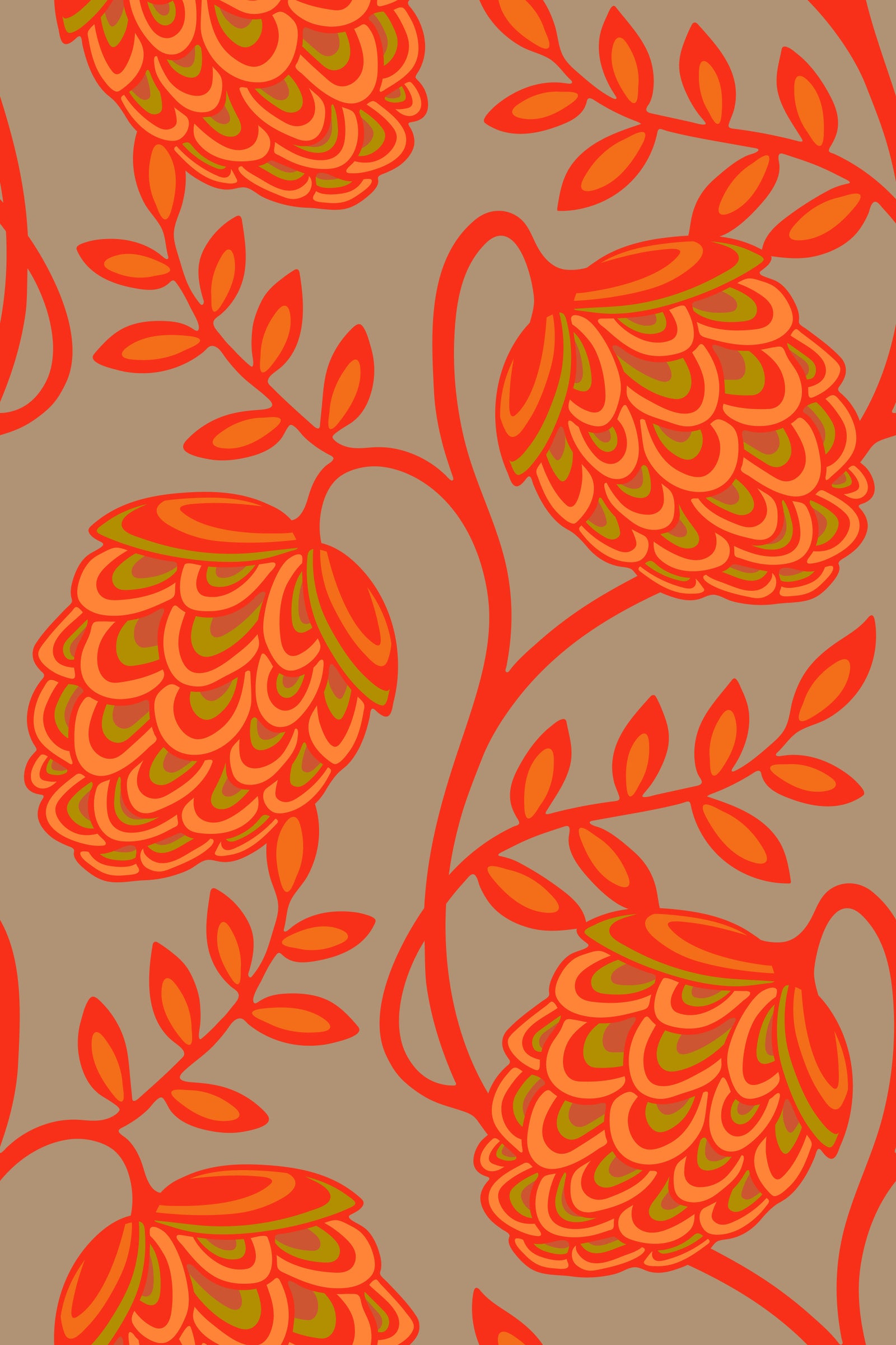 Fantasia Floral Botanical Modern Art Nouveau Coral Orange Beige Wallpaper⁠