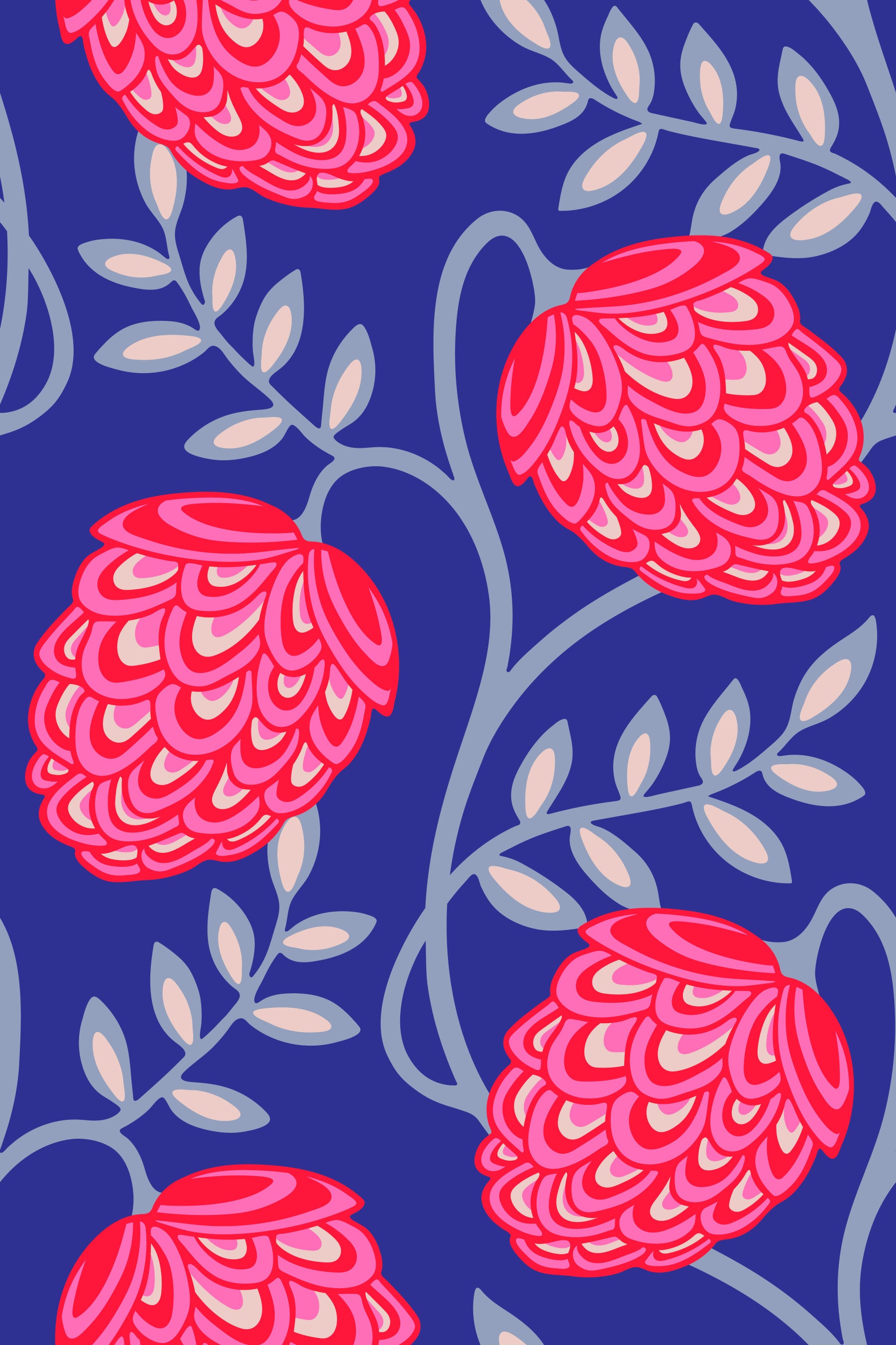 Fantasia Floral Botanical Modern Art Nouveau Fuchsia Pink Red Royal Blue Wallpaper⁠