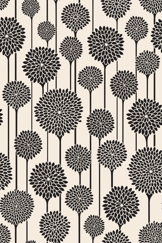 Garden Beauties Vintage Retro Scandi Floral Botanical Stripe Black and White Wallpaper⁠