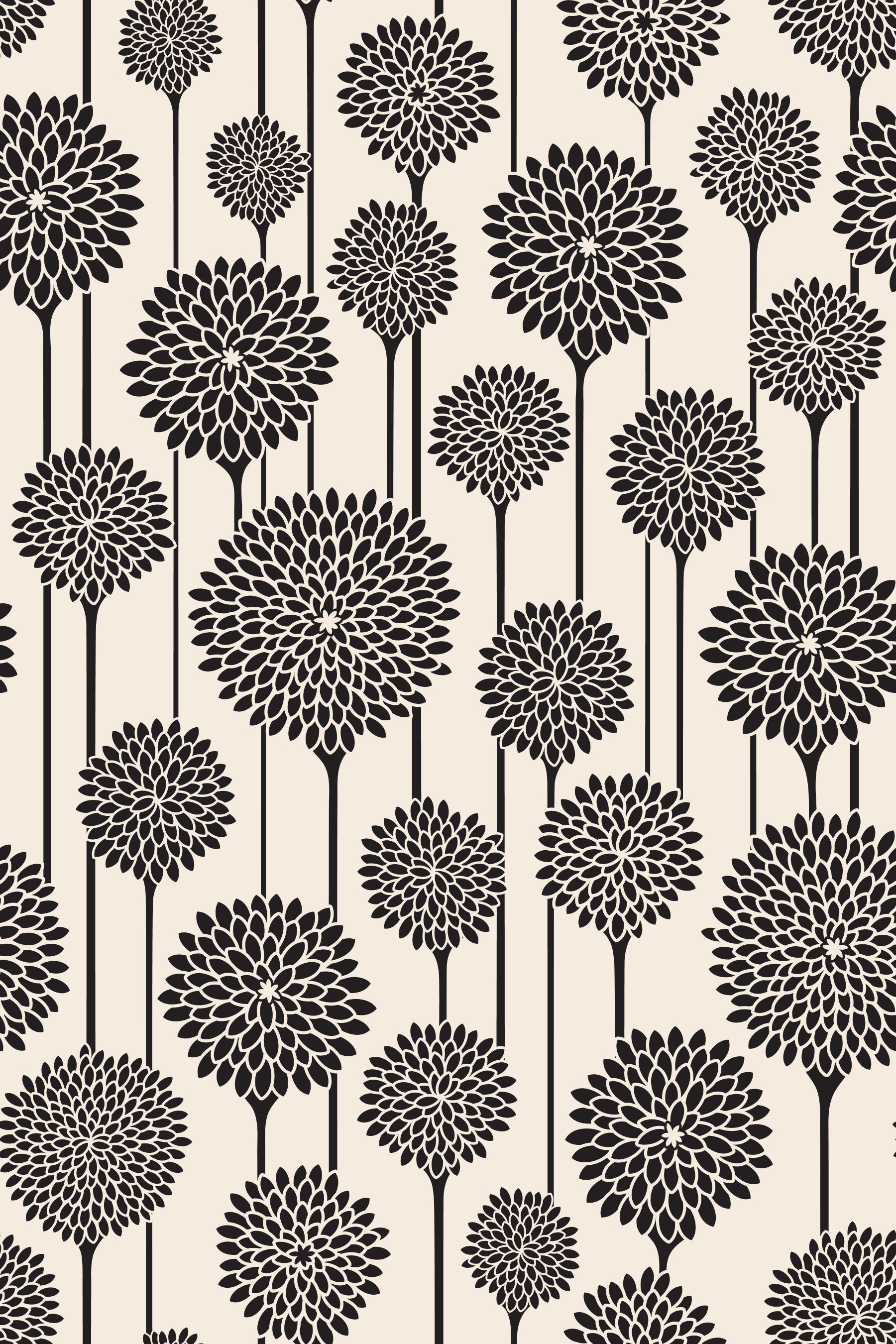 Garden Beauties Vintage Retro Scandi Floral Botanical Stripe Black and White Wallpaper⁠
