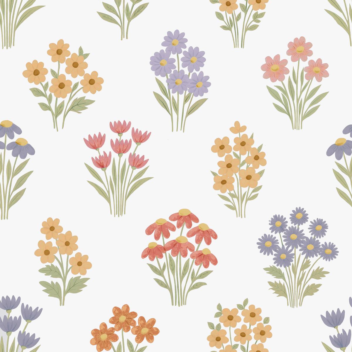Delicate Hand-Drawn Pastel Floral Meadow Wildflowers Wallpaper⁠