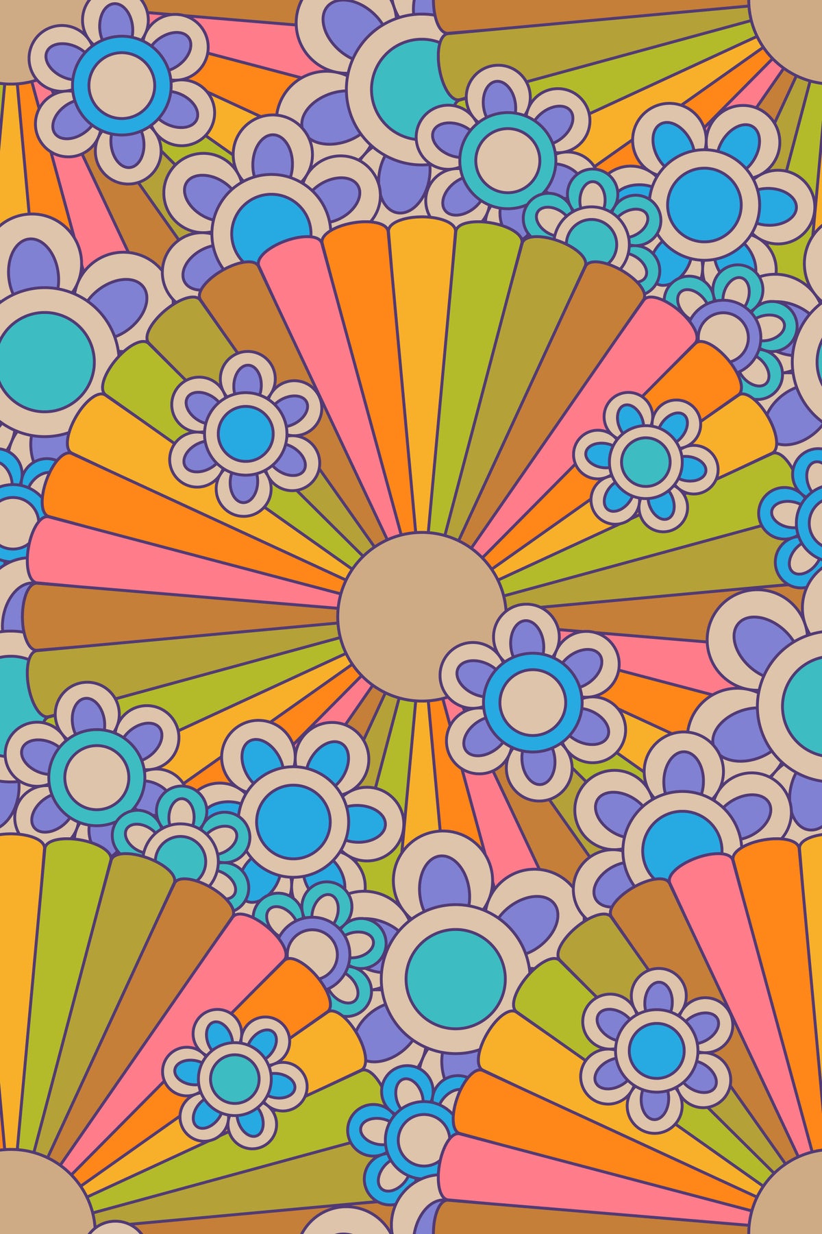 Far Out Flowers Retro Psychedelic 1970s Floral Sunburst Groovy Rainbow Colors Wallpaper⁠