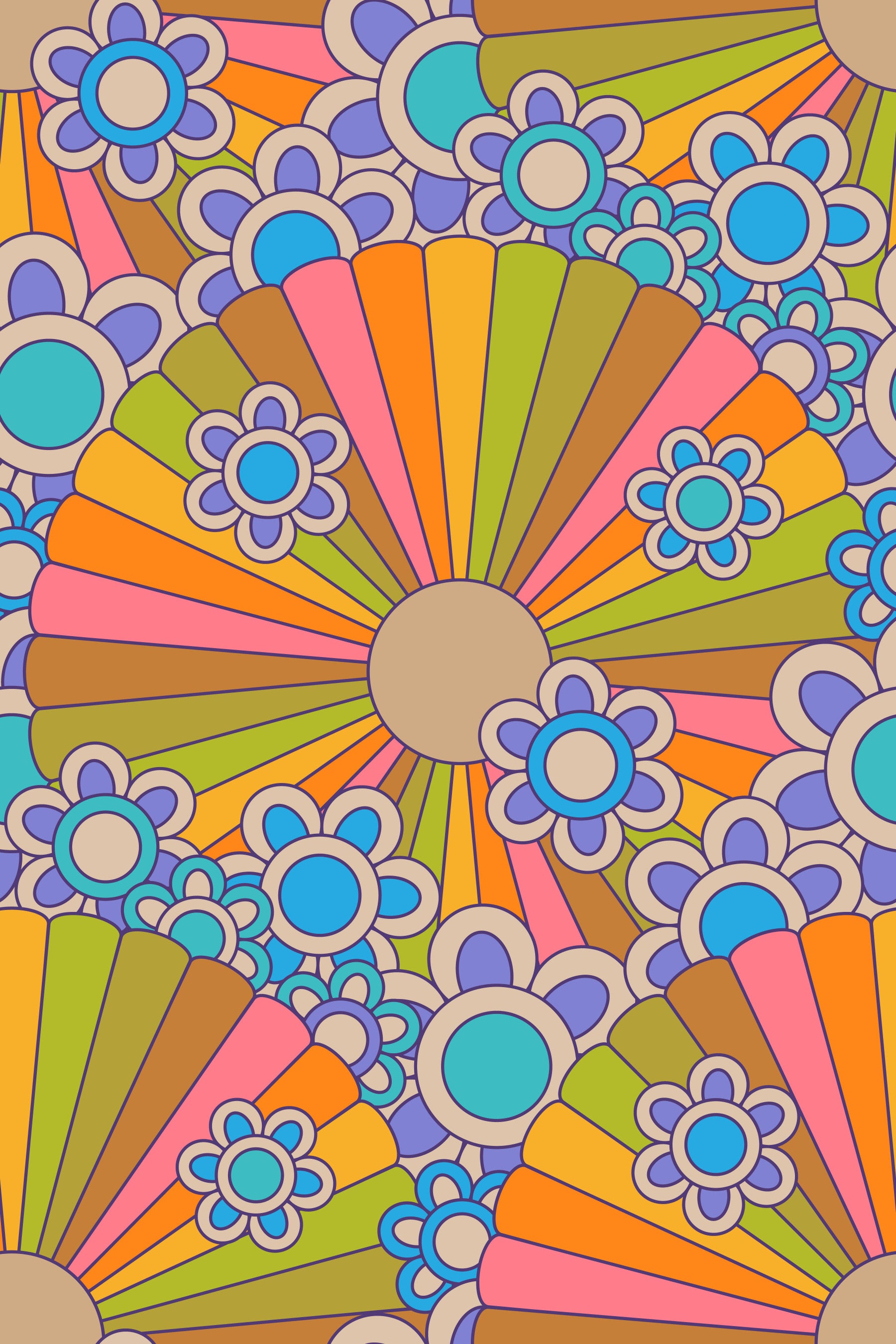 Far Out Flowers Retro Psychedelic 1970s Floral Sunburst Groovy Rainbow Colors Wallpaper⁠ in your room — zoomed