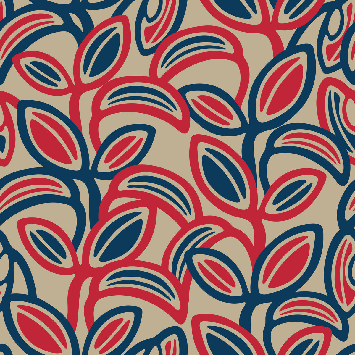 Leaf Laugh Love Groovy Retro Mid Century Leaves Red Navy Blue Beige Wallpaper⁠ in your room — zoomed