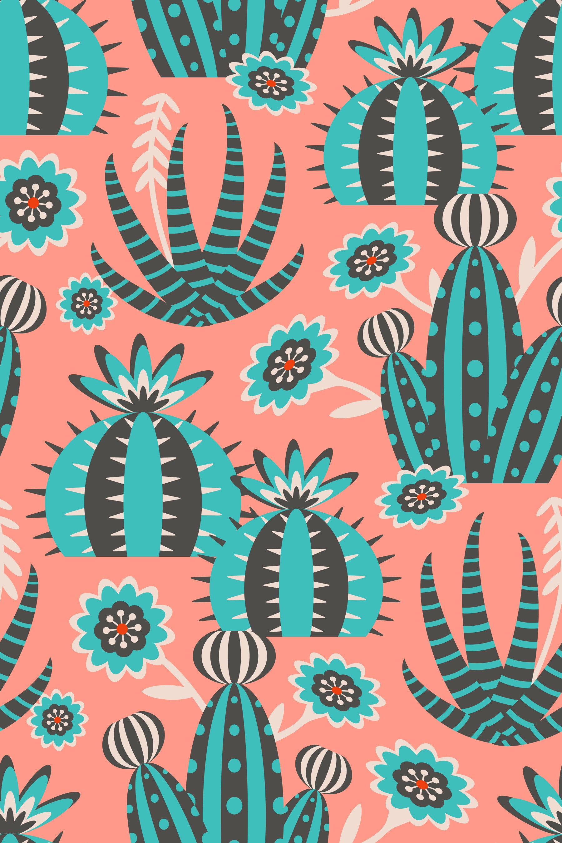 Desert Garden Retro Cactus Agave Succulents Turquoise Blush Pink Wallpaper⁠