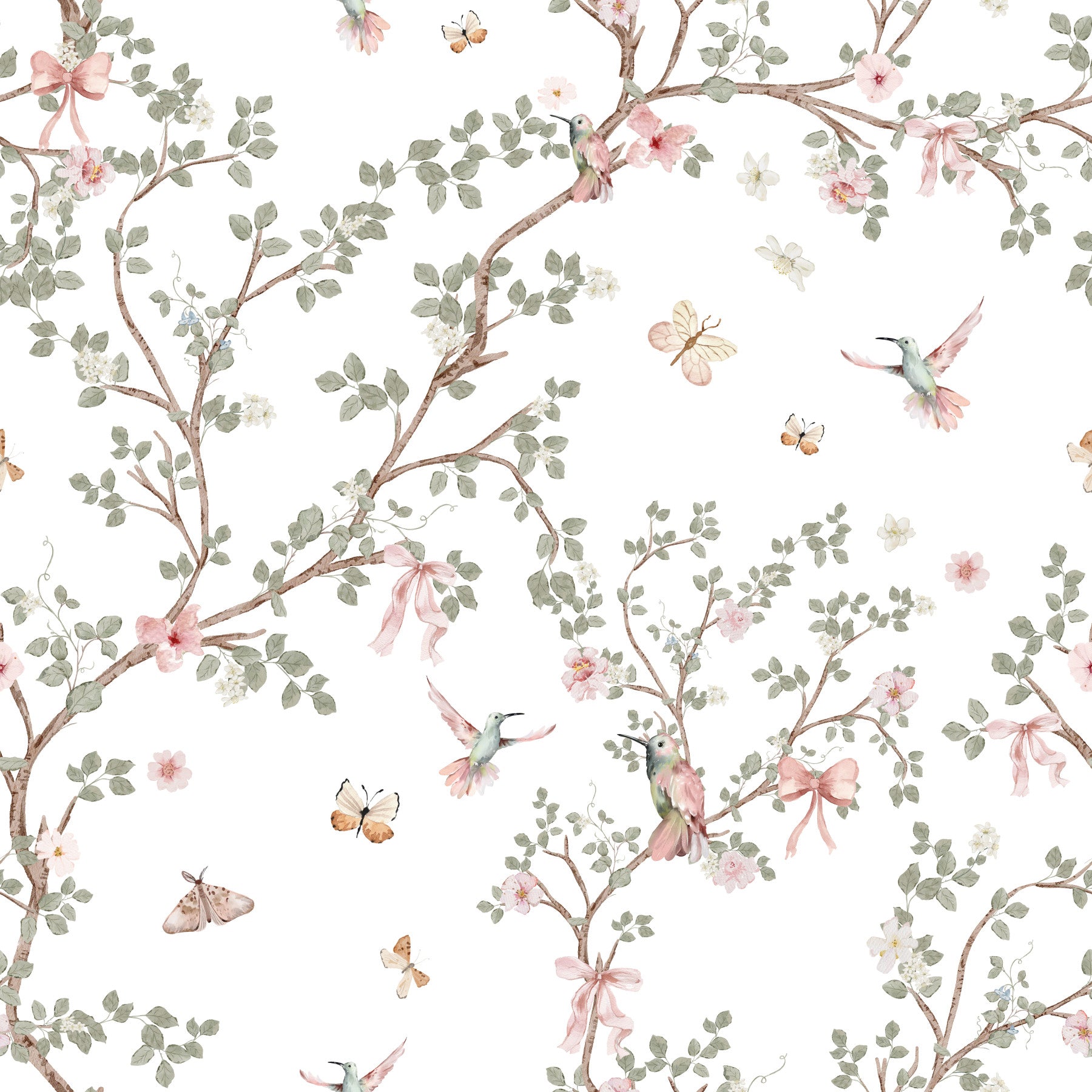 Floral Whispers Hummingbirds Chinoiserie Garden Wallpaper⁠