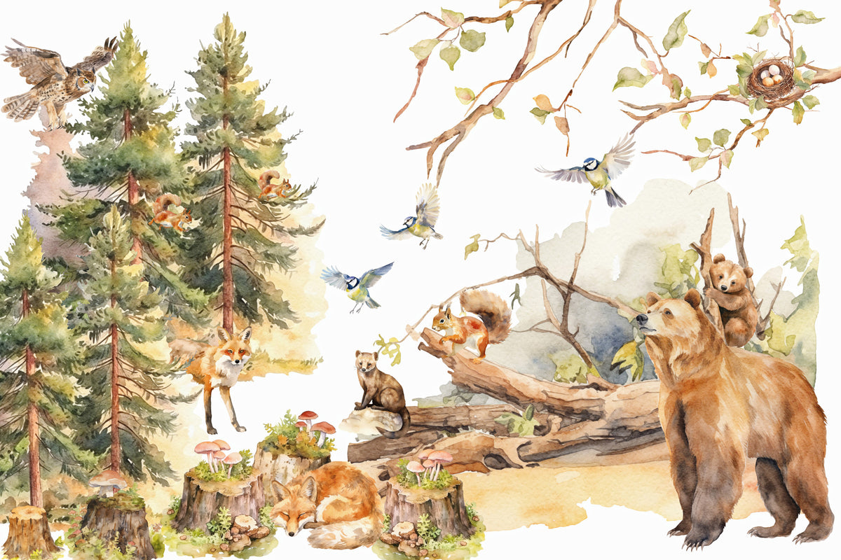 Forest Friends Watercolor Wall Mural in your room — zoomed