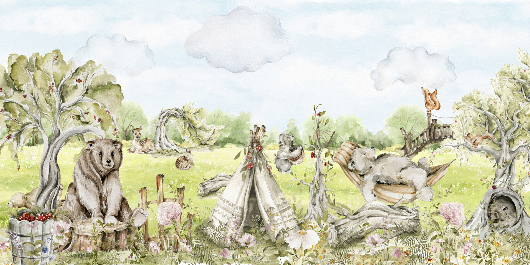 Watercolor Whimsical Forest Friends  Wall Mural