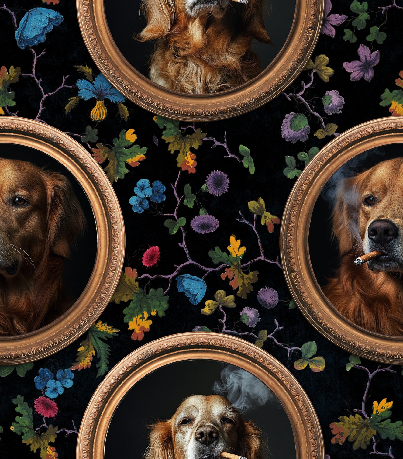 Smoking Golden Retriever in Gold Frames Wallpaper⁠