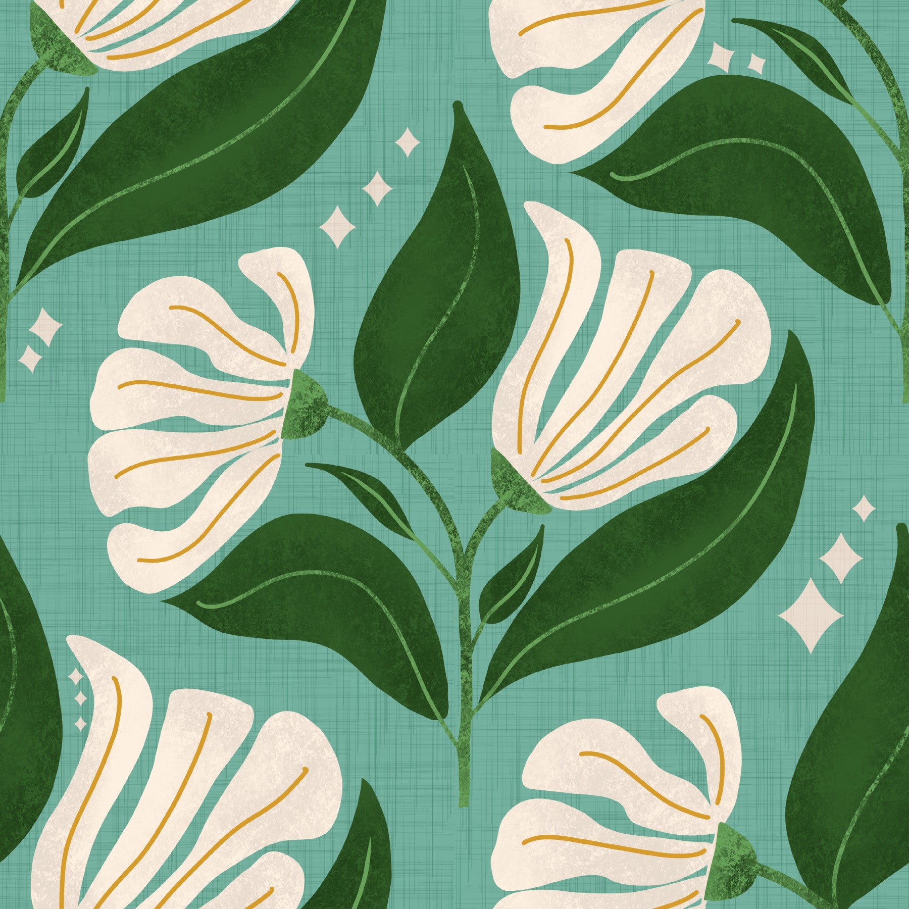 Retro 70s Cream Florals on Avocado Retro Blue - Bold Vintage Flowers Wallpaper⁠