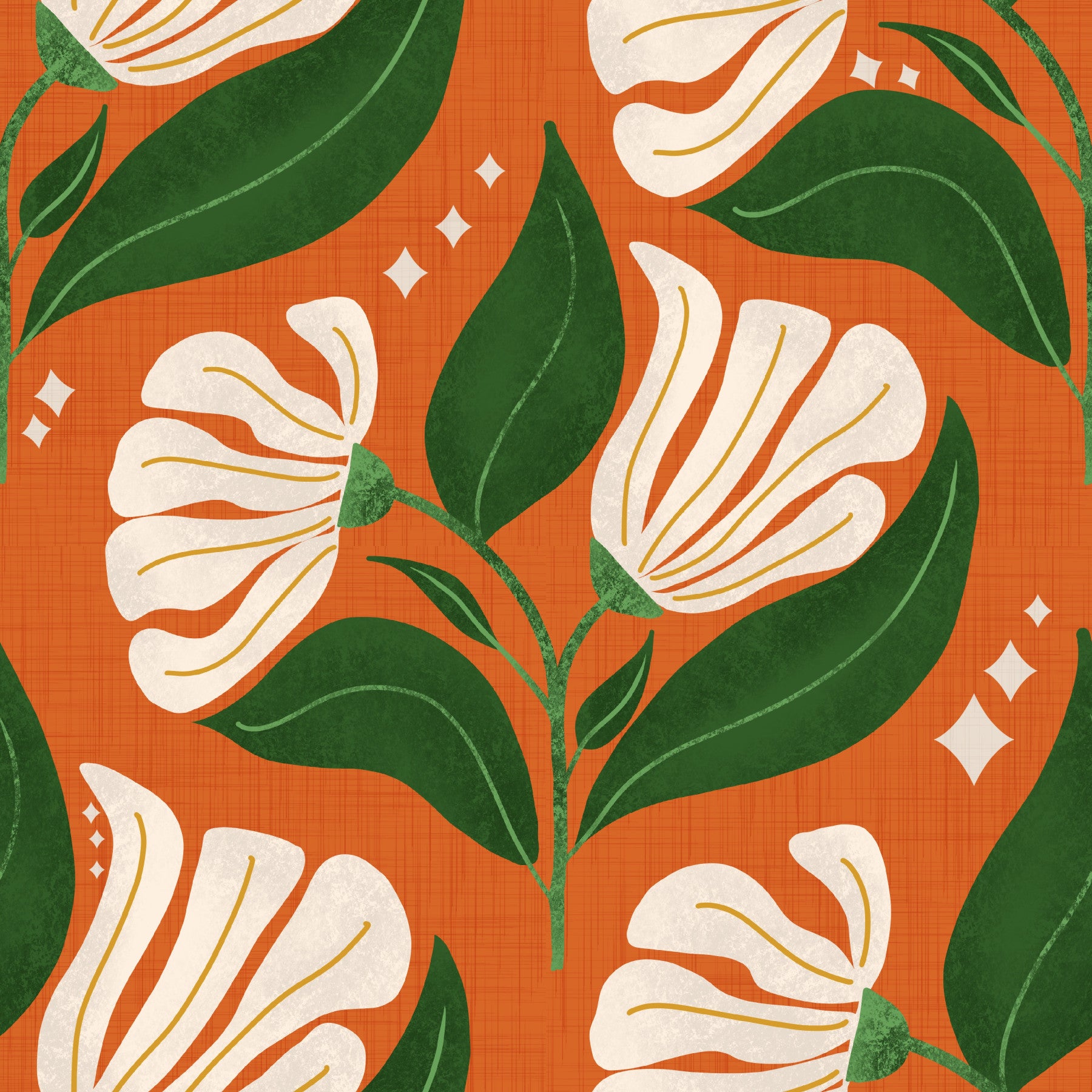 Retro 70s Cream Florals on Avocado Orange - Bold Vintage Flowers Wallpaper⁠
