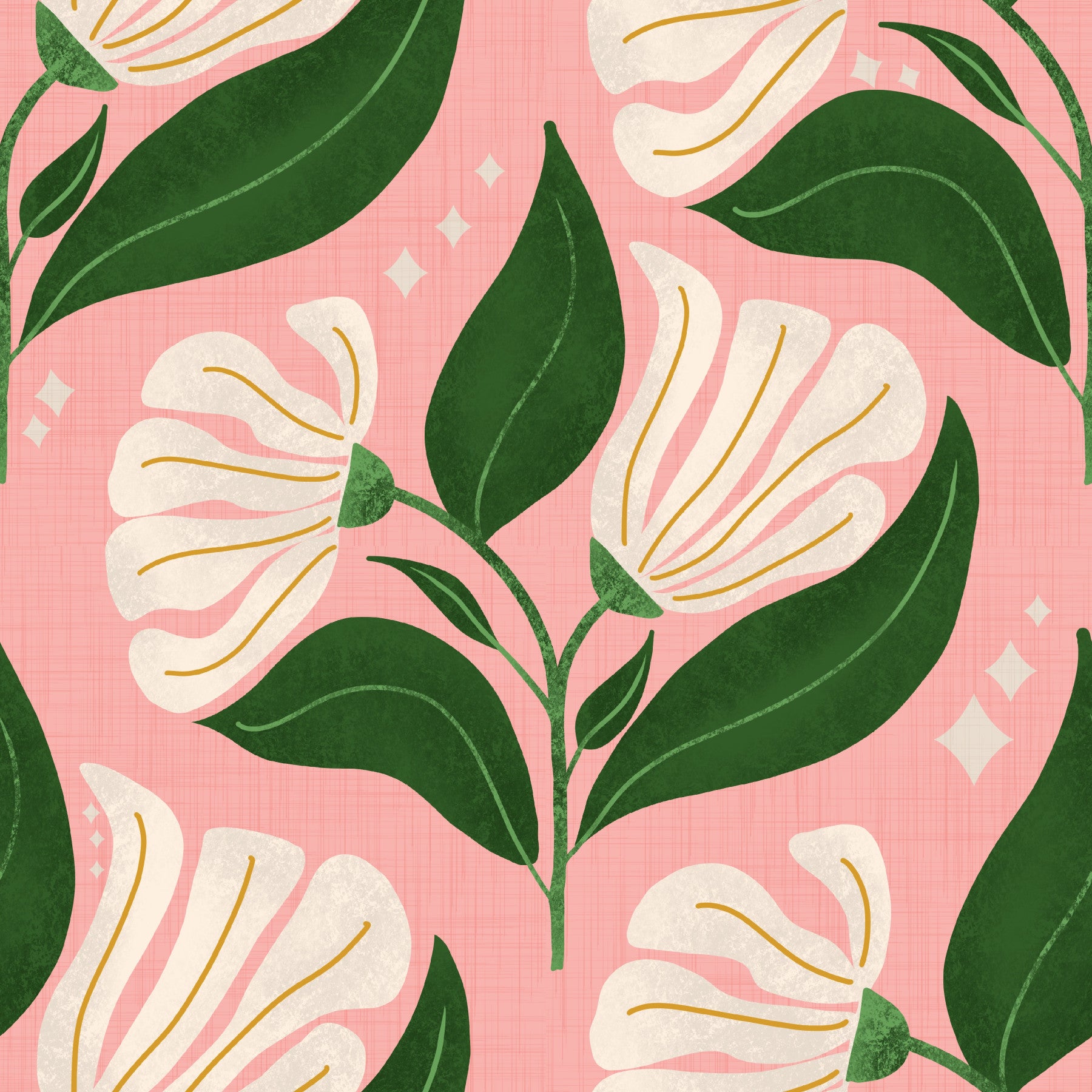 Retro 70s Cream Florals on Avocado Pink - Bold Vintage Flowers Wallpaper⁠