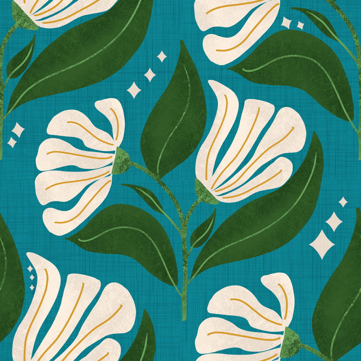 Retro 70s Cream Florals on Avocado Teal - Bold Vintage Flowers Wallpaper⁠