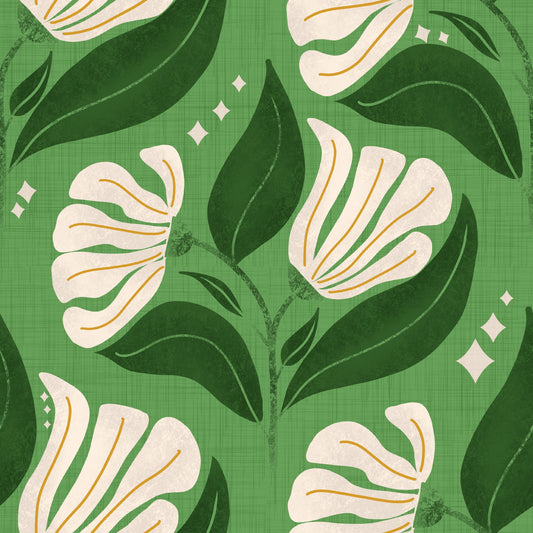 Retro 70s Cream Florals on Avocado Olive Green - Bold Vintage Flowers Wallpaper⁠