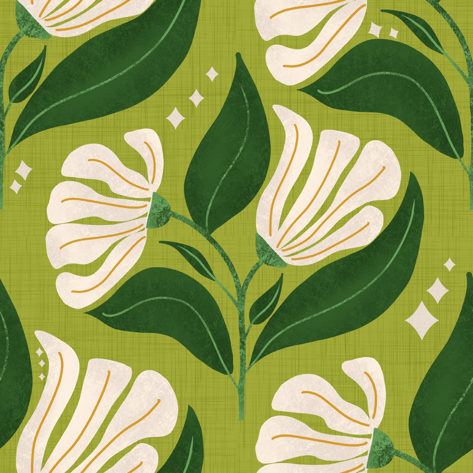 Retro 70s Cream Florals on Avocado Green - Bold Vintage Flowers Wallpaper⁠ in your room — zoomed